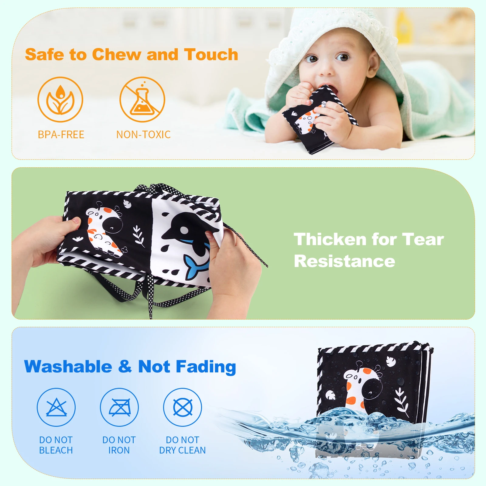 Baby Cloth Book High Contrast Baby Toys 0-36 Months Newborn Crib Toys Black and White Animal Sensory Cloth Books Montessori Toys