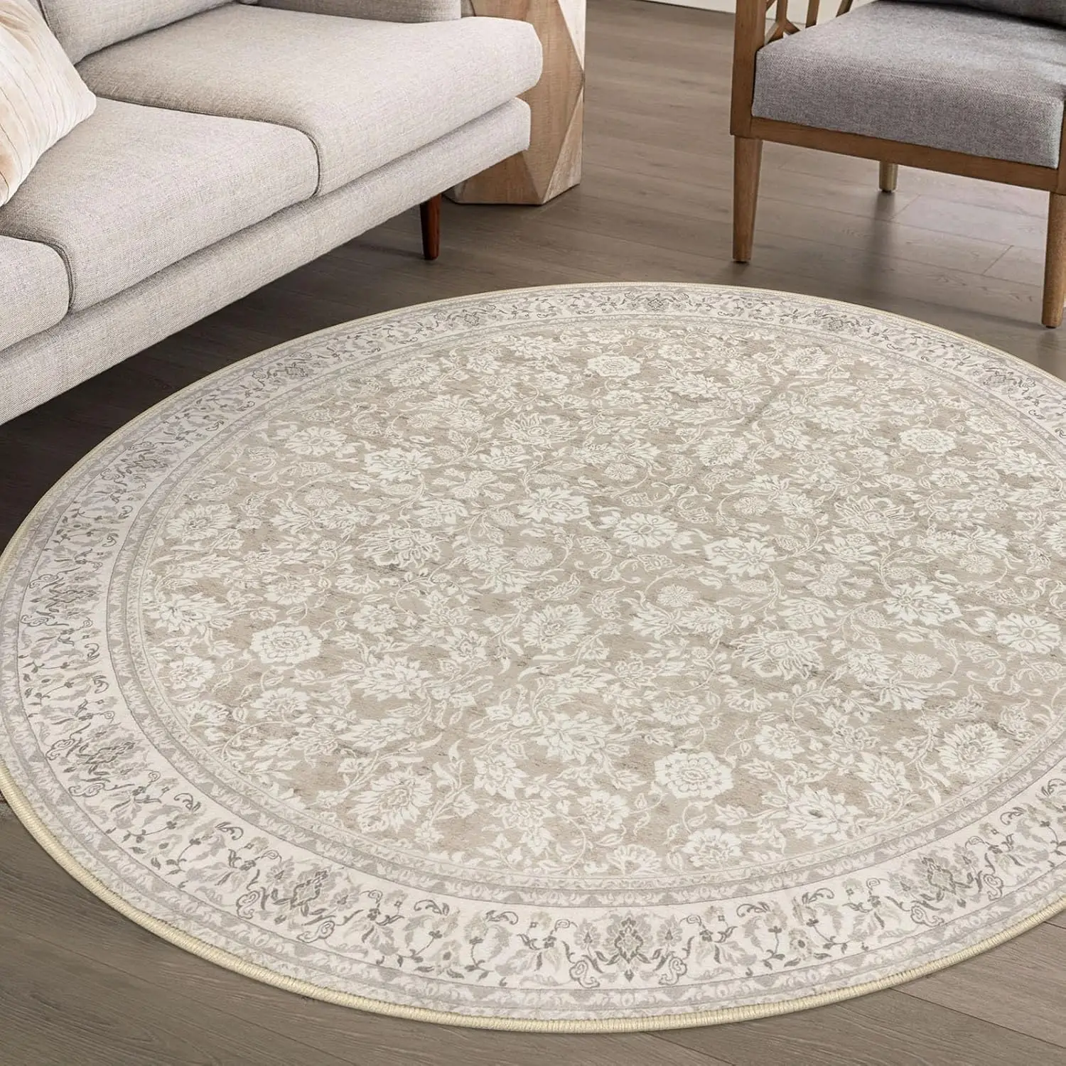 Neutral Floral Lace Round Rug Subtle Beige Pattern for Timeless Contemporary Interior