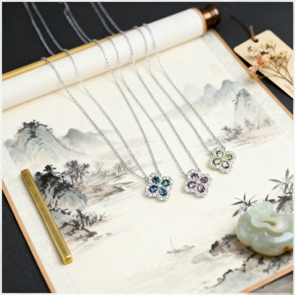 

French style Moissanite Fashion Jewelry Hollowed Four-Leaf Clover Necklace Zircon Water Drop High-End Jewelry Birthday Gifts