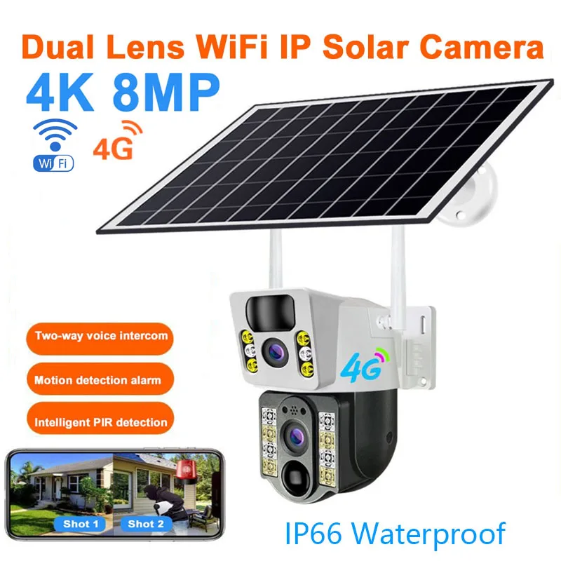 

HD 4K 8MP Двойной объектив Wi-Fi IP Солнечная камера Ночное видение Ai Обнаружение человека PTZ Открытый видео 4G Камера CCTV Защита безопасности