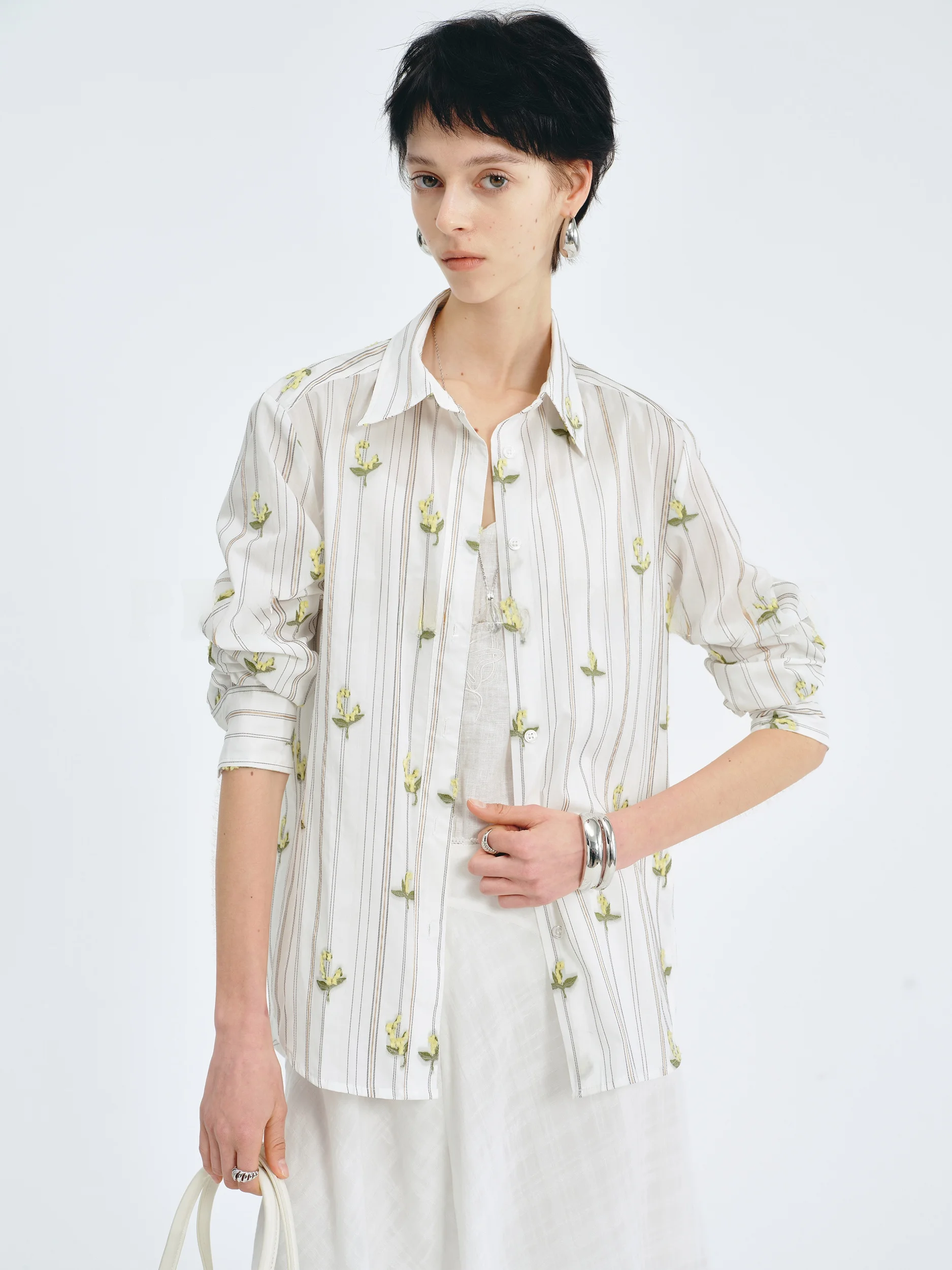 

PRE PREWORKS Navy Style Loose Fit Long Sleeve Striped Shirt Breathable Cotton Polyester Blend Embroidery Floral Pattern Women...