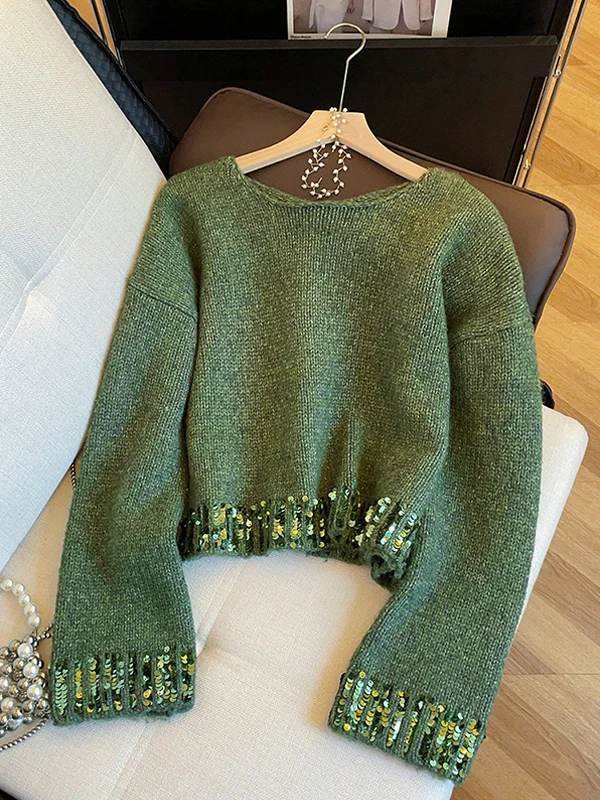 Chic Short Knitted Sweater Women's round Neck Patchwork Glitter Winter Fashion plus Size Top Comfortable Soft Polyester Fiber