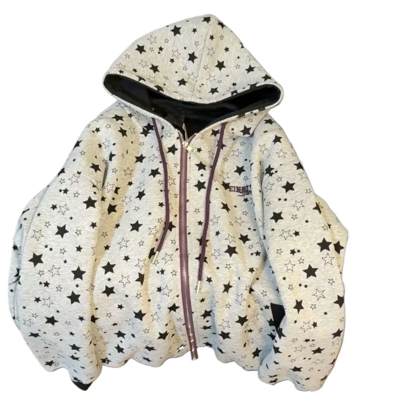 Deeptown Y2k Vintage Star Print Hoodies Women Harajuku Hip Hop Zip Up Sweatshirts Retro Gothic Oversize Casual Hoodies Street