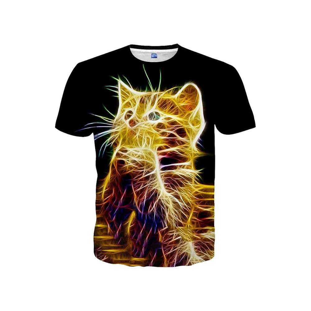 

Футболка Glow Cat Яркая неоновая футболка с принтом котенка, хлопковая футболка с короткими рукавами и графическим рисунком, топ унисекс для мужчин и женщин, милая уличная одежда Kawaii, модная мода