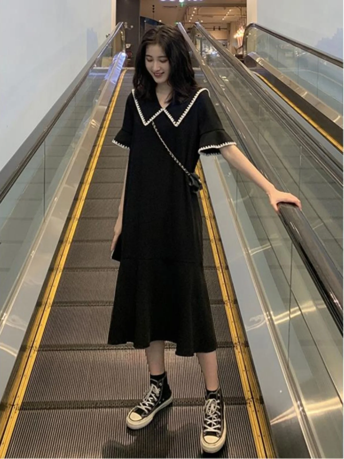 Vestido longo f plus size, gola de boneca, verão, estilo suave, 2300 libras, saia evasê, manga curta
