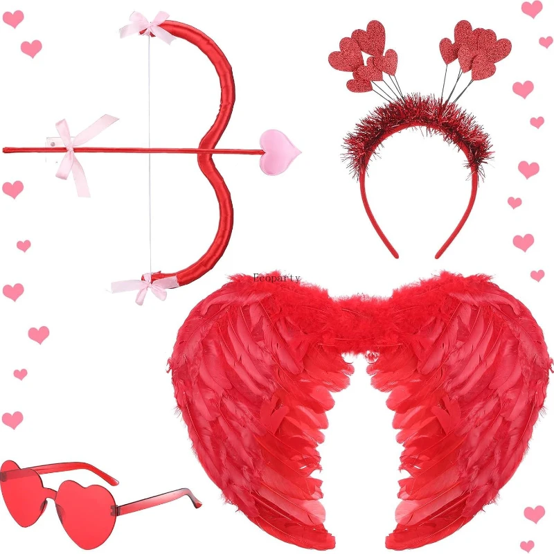 Kids Angel Cupid Costume Set, Cupid Bow and Arrow Feather Wings Headwear Arrows Bow Valentine Heart Rimless Sunglasses for Kids