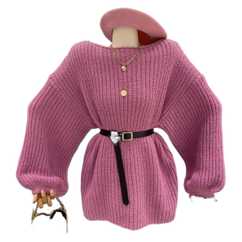 

2025 Korean Loose Sweater With Belt Women's Autumn Winter New Mid Length Knitted Dress Elegant Off Shoulder Solid Color Top