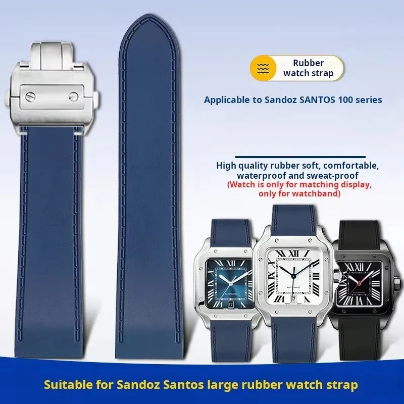 For Cartier santos100 Santos silicone rubber watch strap santos 100 Metal buckle watchband men Black blue bracelet 23mm 25mm