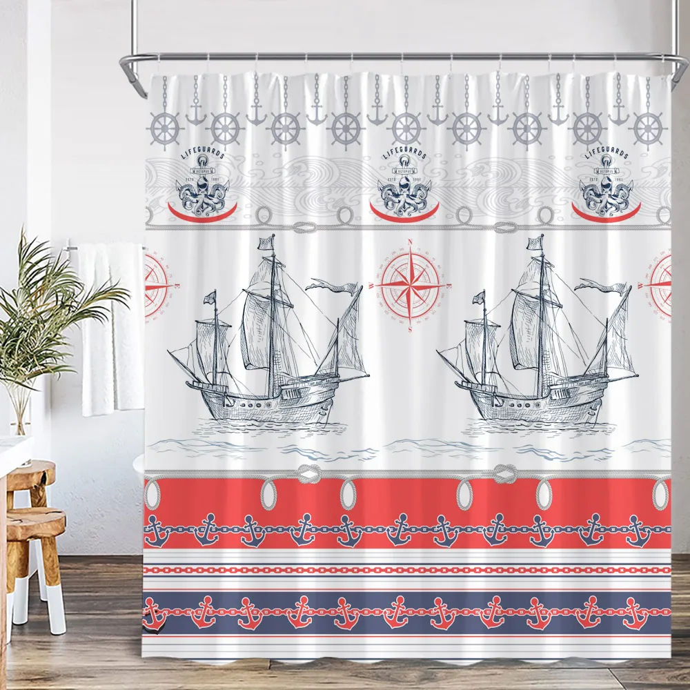 Nautical Marine Life Shower Curtain Anchor Sea Turtle Seastar Octopus Seashell Coral Ocean Summer Bathroom Curtain Decoration