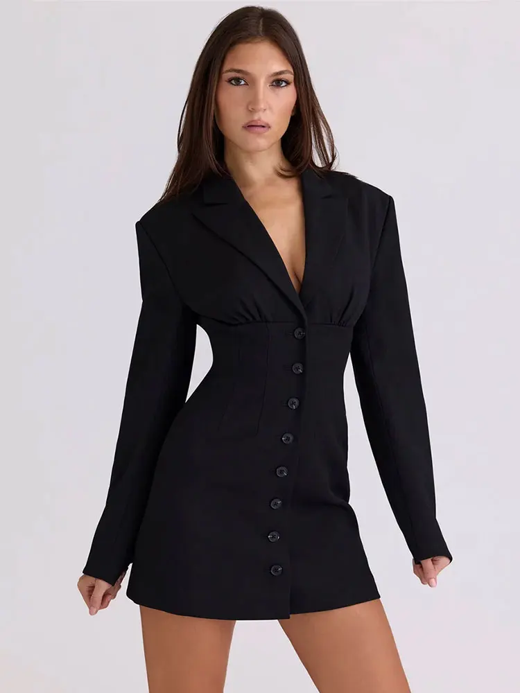 

GACVGA Black Long Sleeve Single-breasted Sexy Blazer Dress Women Office Elegant V Neck High Waist Lady Gown Club Party Dress