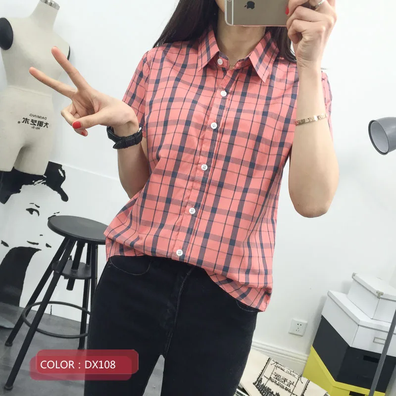 Casual Cotton Plaid Shirt Women 2023 Summer Female College Style New Short Sleeve Shirt Women Plaid Blouses and Tops Clothes