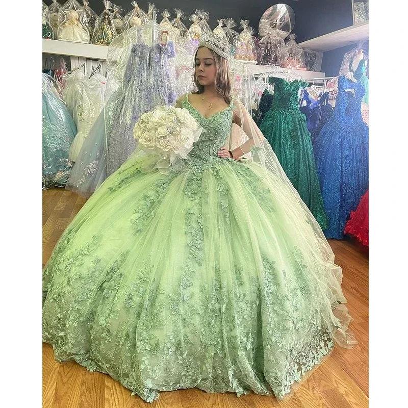 Shiny Girls Mint Green Sweet 16 Quinceanera Dress with Cape Off Shoulder Butterfly Appliques Princess Party Gown