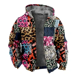 Men's Winter Jacket Leopard Pattern Fleece Zipper Parkas Warm Coat Zip Up Hoodies Outerwear Autumn Coats Mens Clothing 2024 New