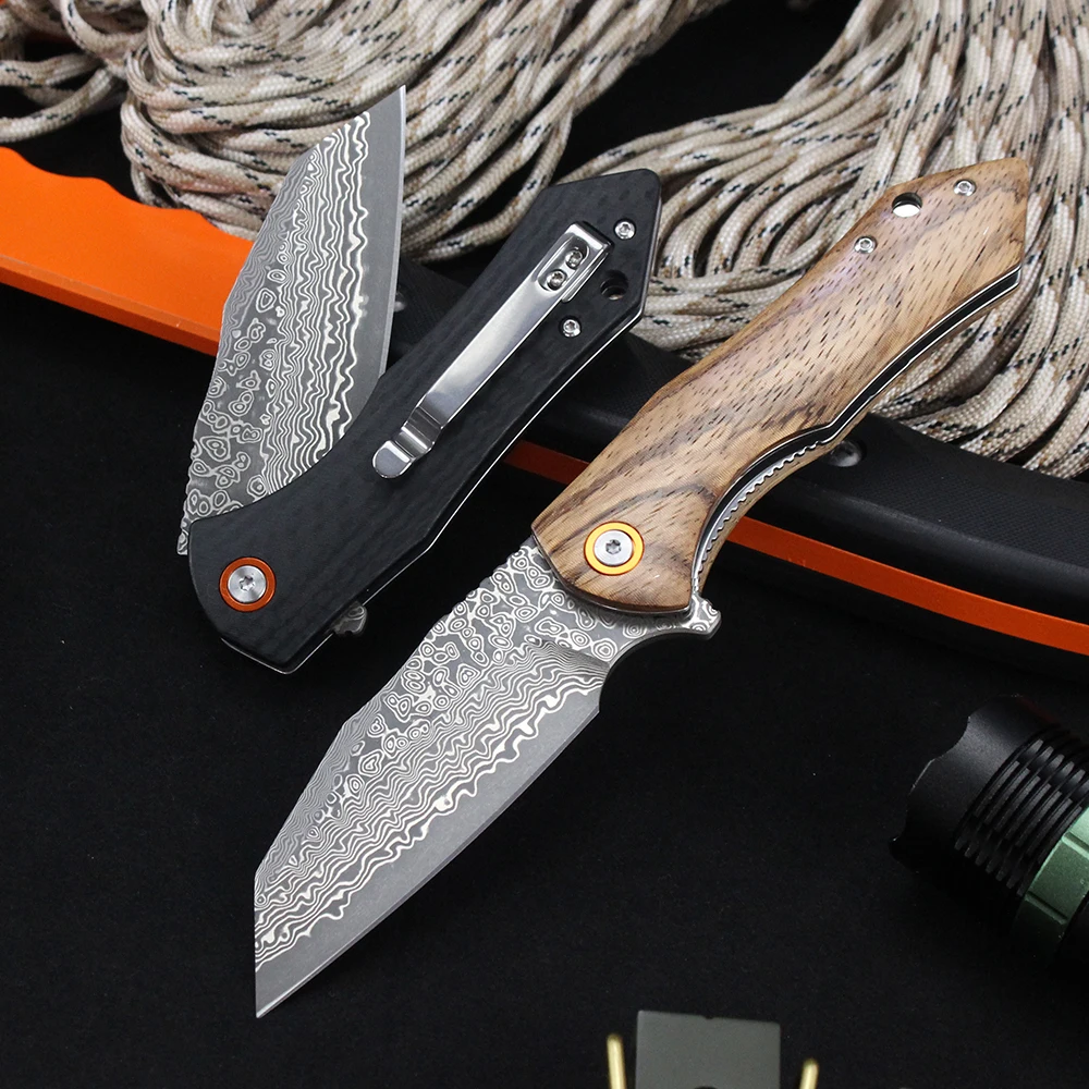 Tunafire Damascus Folding Knife Zebra wood/carbon fiber G10 Handle Hunting Survival Tanto Pocket Knives EDC Hand Tools - view 3