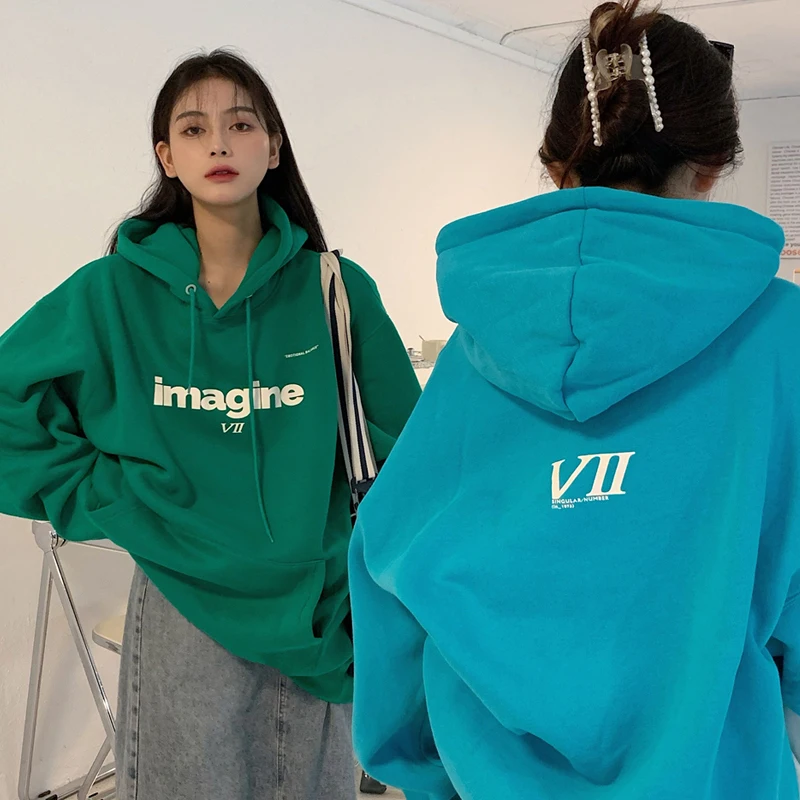 Women's Clothing Green Drawstring Street Hoodie Letter Printing Long Sleeves Korean Fashion Hip Hop Oversize Baggy Tops Autumn