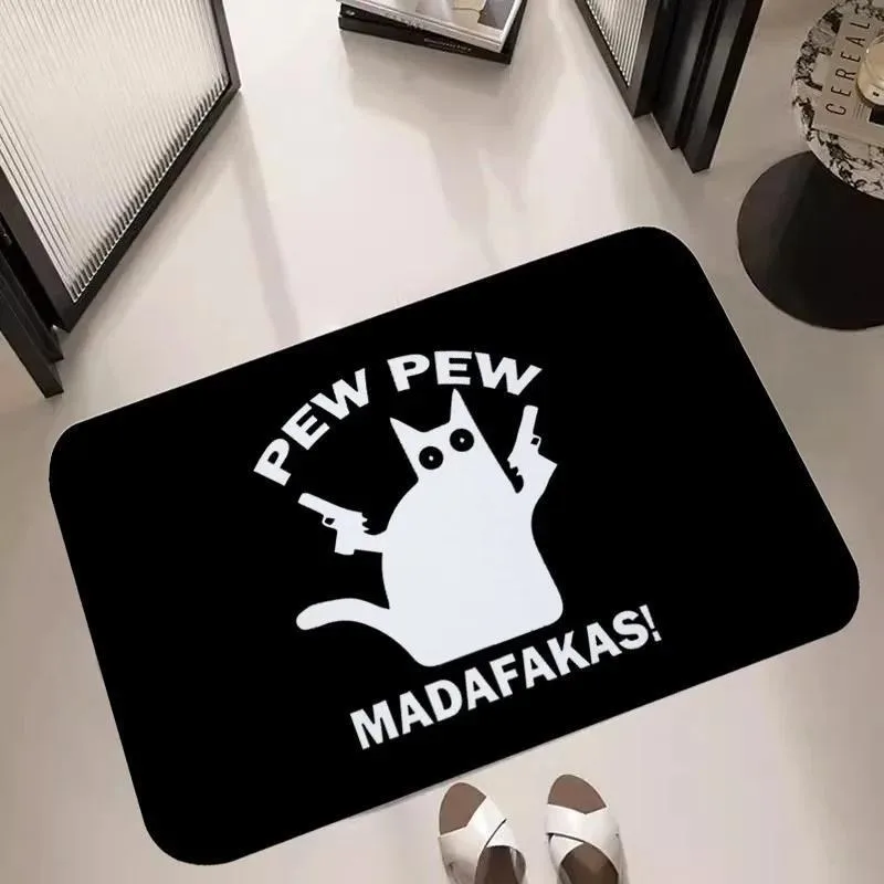 Funny Pew Black Cat Gun Retro Striped Print Anti Slip Front Door Floor Rug Soft Entry Indoor Mat Cool Man Cave Home Decor Carpet