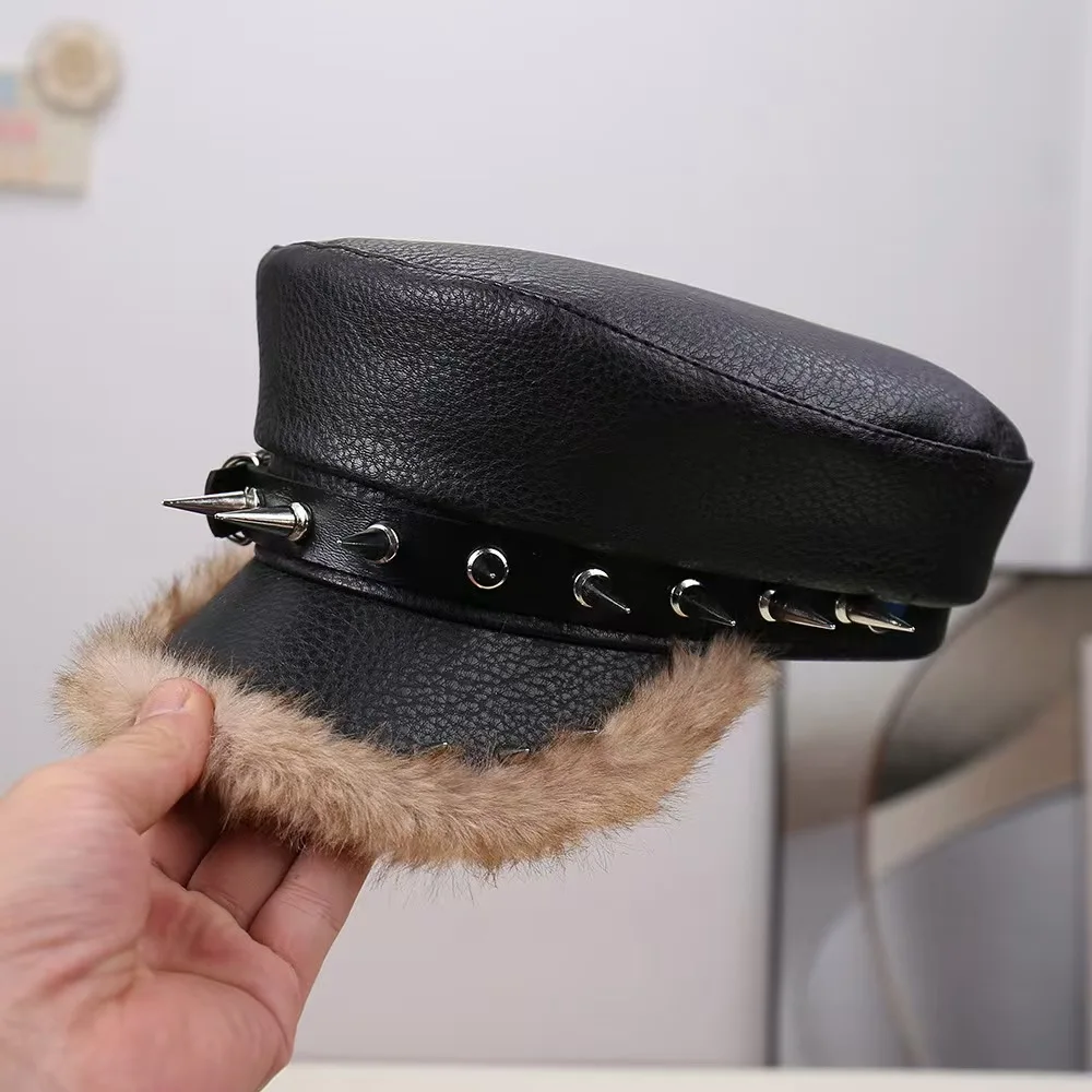 Punk‑Style Flat Cap, Personalized Leather With Long Silver Rivets Hat for Men Women Street Party Daily Wear