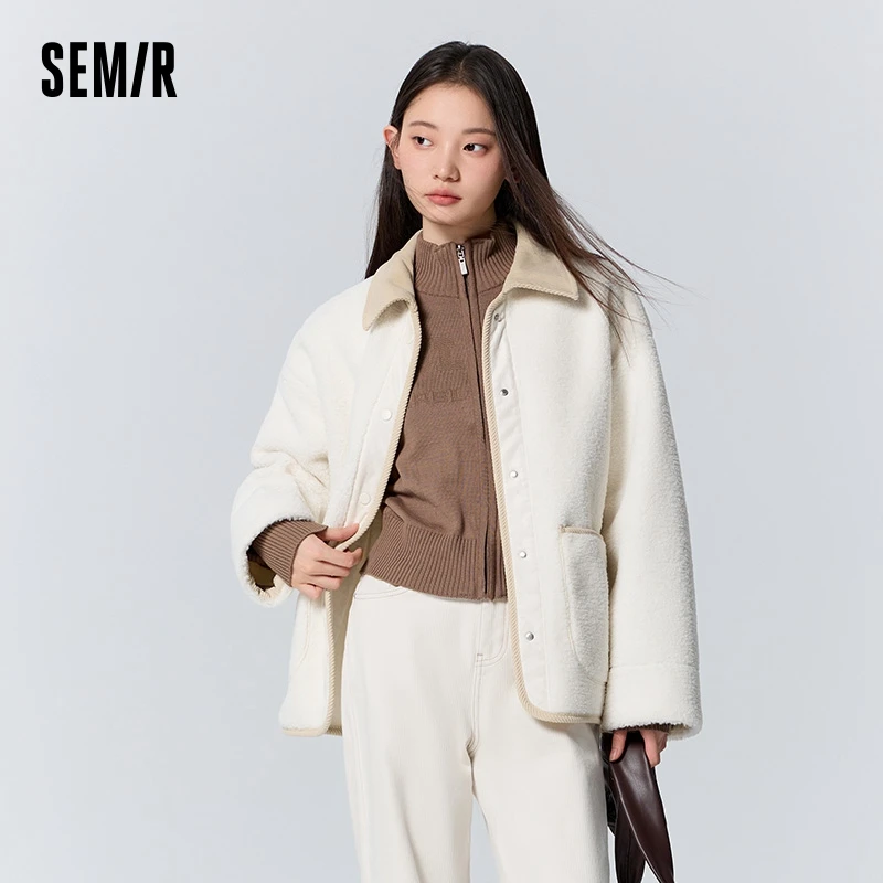 Semir Coat Women Winter Imitation Lamb Wool Imitation Suede Contrasting Color Turn-Down Collar Retro Loose Dropped Shoulder Top