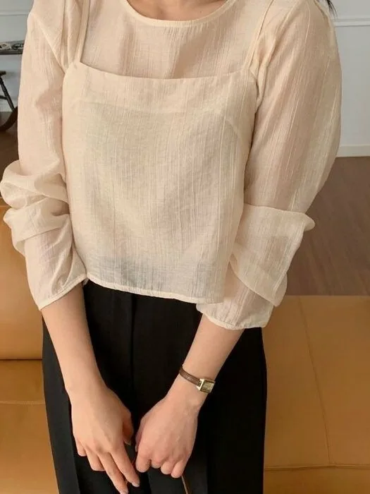 

Французский шифоновый полупрозрачный комплект из топа и жилета с длинными рукавами для женщин, свободный крой, модный дизайн