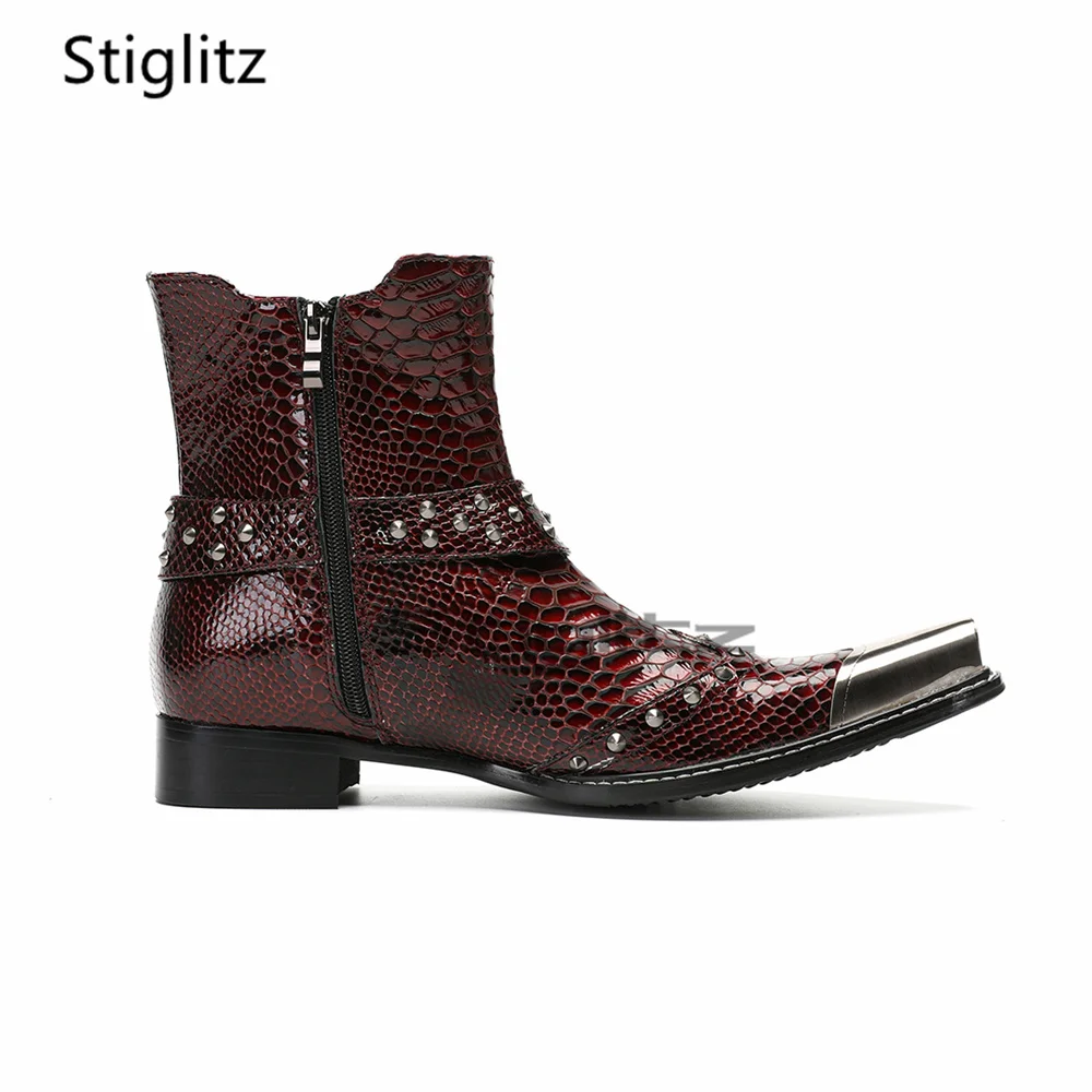 Men's Burgundy Rivets Chelsea Boots Snake Pattern Buckle Strap Metal Pointed Toe Genuine Leather Ankle Boots Autumn Winter Shoes