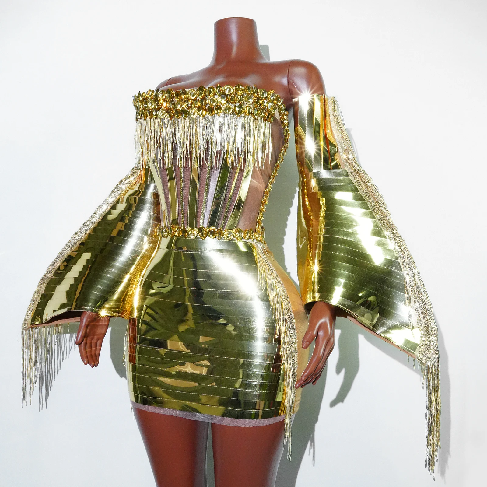 New Sexy Gold Net Set And Rhinestone Transparent Tassel Gloves For Party Dance Singer Stage Birthday And Nightclub Costume