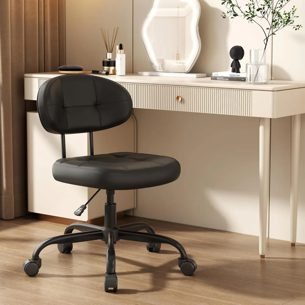 

Vanity Chair with back, Small Armless Cute office Chair with wheels and Lumbar support, Comfy PU Leather Desk Computer