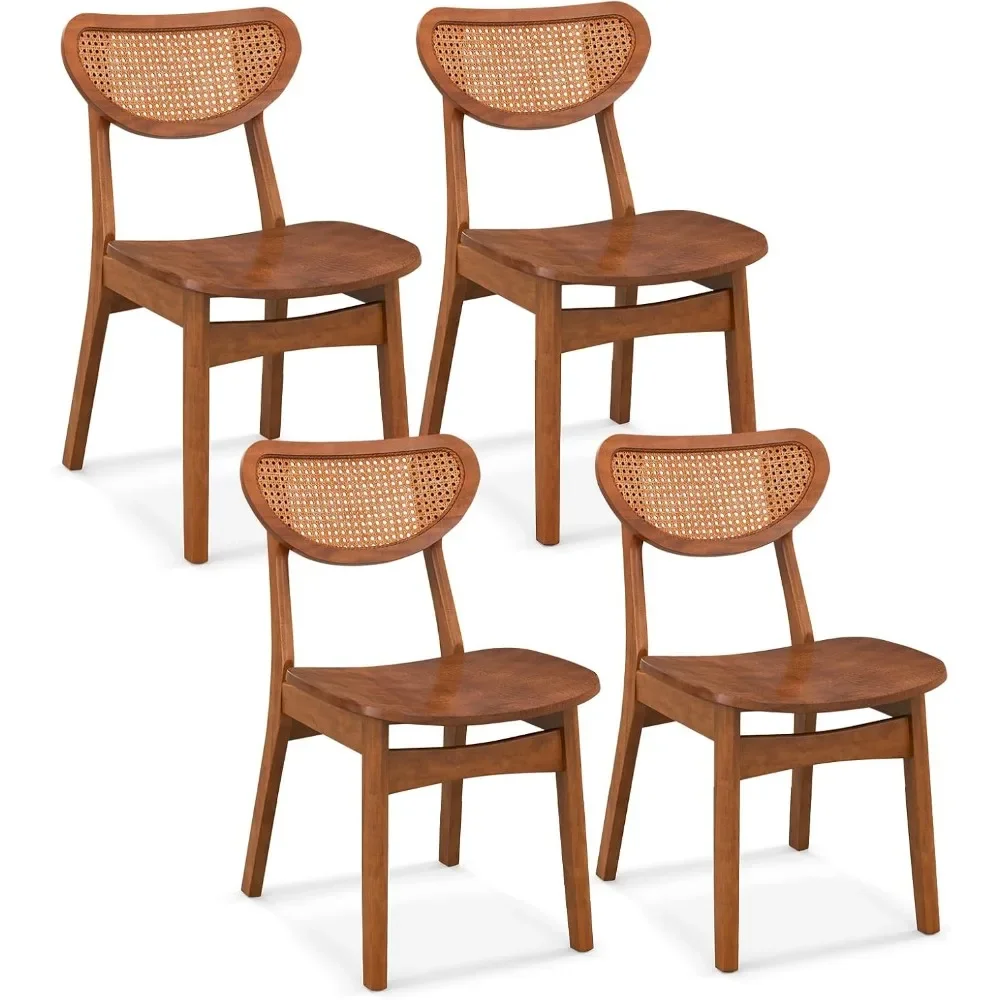 Houten eetkamerstoelen set van 4, armloze keukenstoelen met ademende mesh rieten rugleuning, rubberen houten poten, boerderijbijzetstoelen