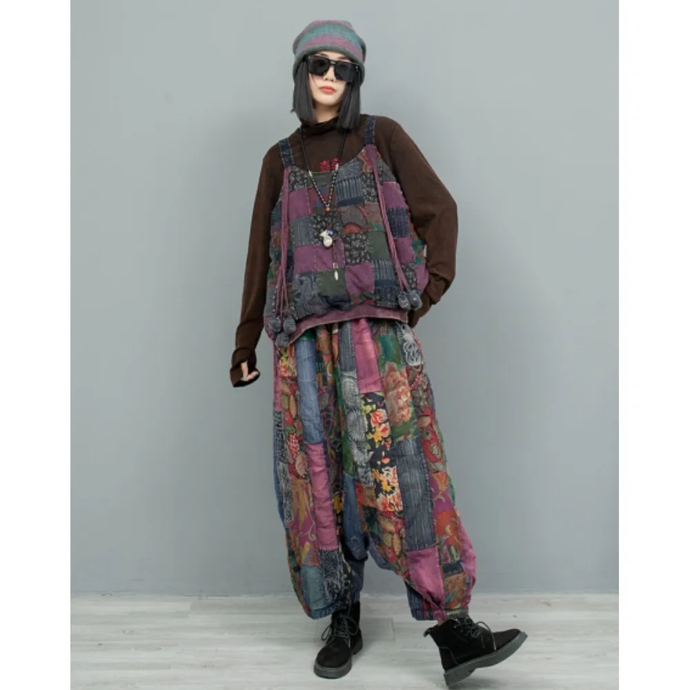 Splicing Old Cloth Straps Vest Cotton Jackets + Pant Two Piece Set Women Winter Loose Fashion Pant Set LX2680