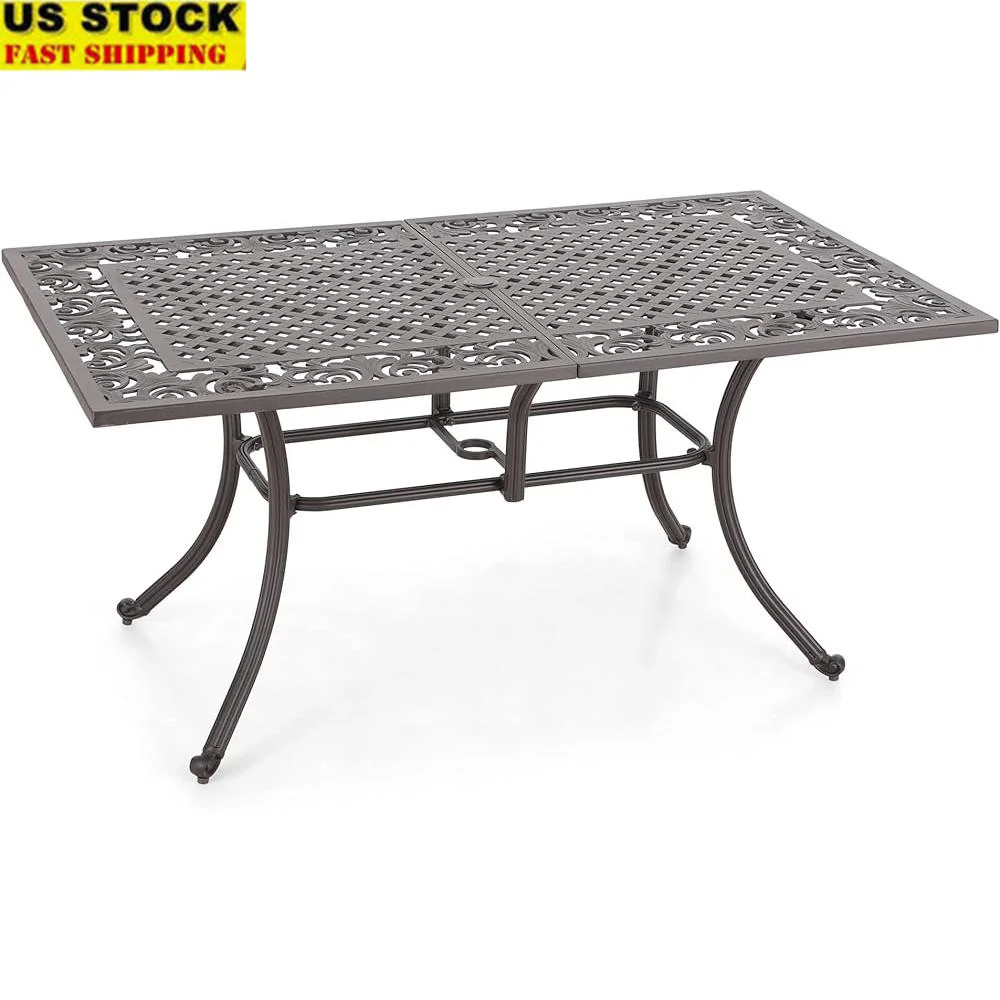 6 Person Cast Aluminum Patio Dining Table Retro Design Umbrella Hole Outdoor Garden Furniture Durable Frosted Finish