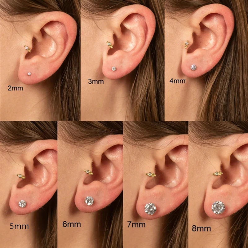 16g Surgical Stainless Steel Cubic Zirconia Studs Cartilage Helix Earrings Screw Backs Ear Tragus Auricle Piercing Jewelry 2-8mm