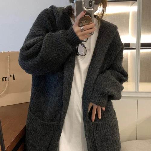 게으른 후드 루즈핏 두꺼운 중간 길이 여성 카디건 재킷 확장 스웨터 가을/겨울 니트 탑 Best5 게으른 후드 루즈핏 두꺼운 중간 길이 여성 카디건 재킷 확장 스웨터 가을/겨울 니트 탑 Best5