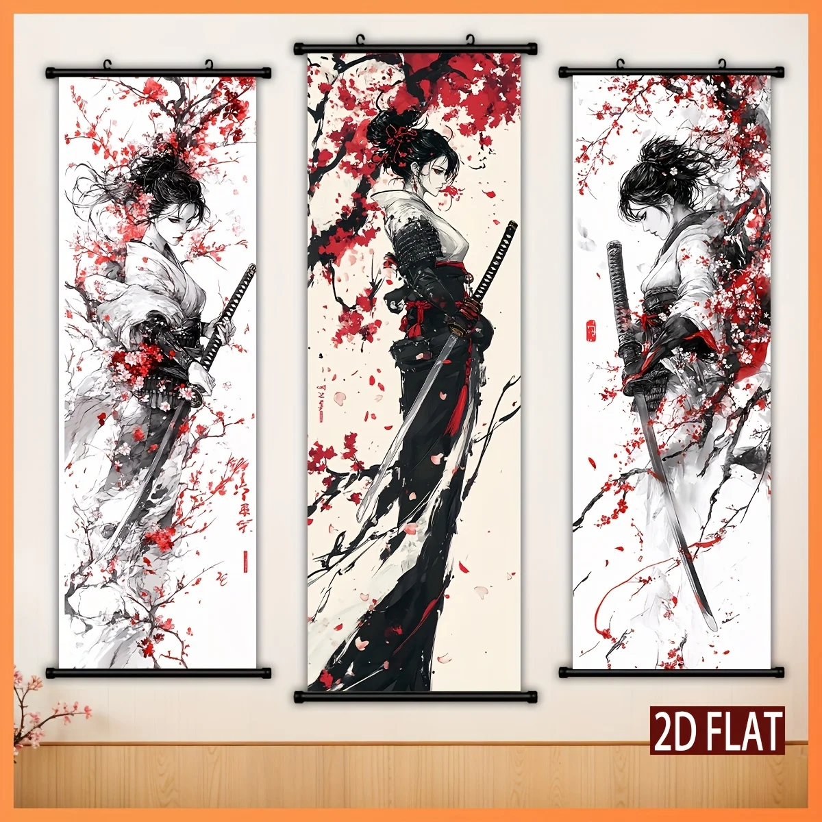 VIKAMA Ink Wash Female Warrior Ronin Scroll Tapestry, HD Non Fading Wall Hanging Scroll Art, Samurai Room Decor