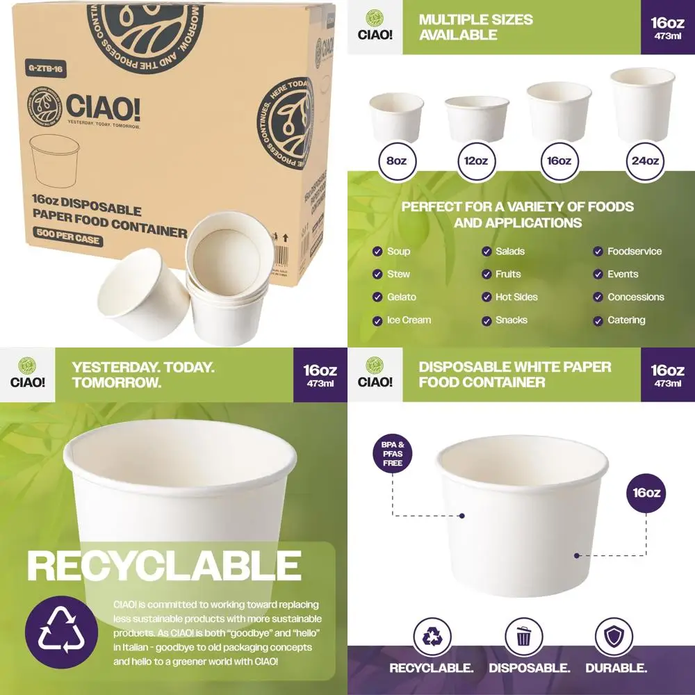 

16 Oz White Paper Food Containers, 115mm Diameter, Disposable, Lids Not Included, Pack of 500