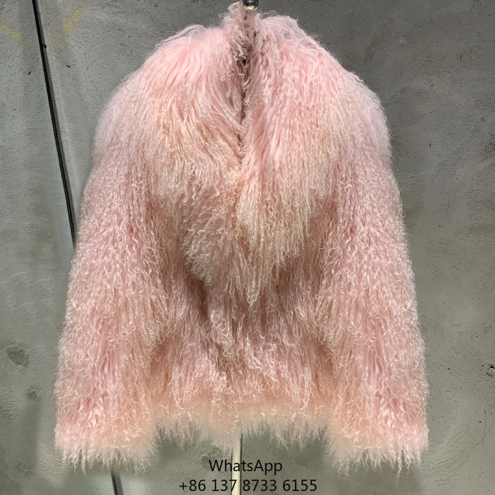 

Fashion Curly Sheep Fur Coat Winter Big Collar Fur Coats Baby Pink Mongolian Fur Coat