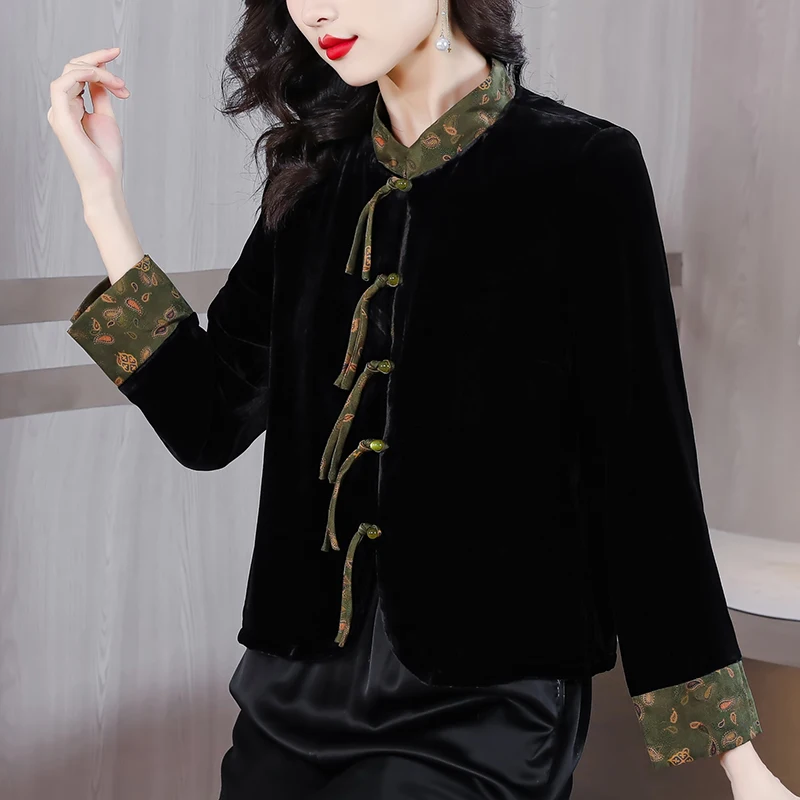 2023 Autumn and Winter New Silk Velvet Long sleeved Top Women\'s Chinese Style Retro Pan Button Standing Collar Tang Suit Jacket