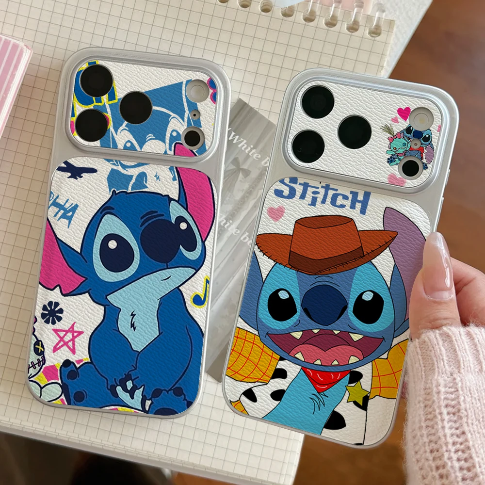 

Disney Lilo Stitch Couples Phone Case For IPhone 17 16 15 14 Electroplated Leather Shockproof Phone Accessories 13 12 11 Casing