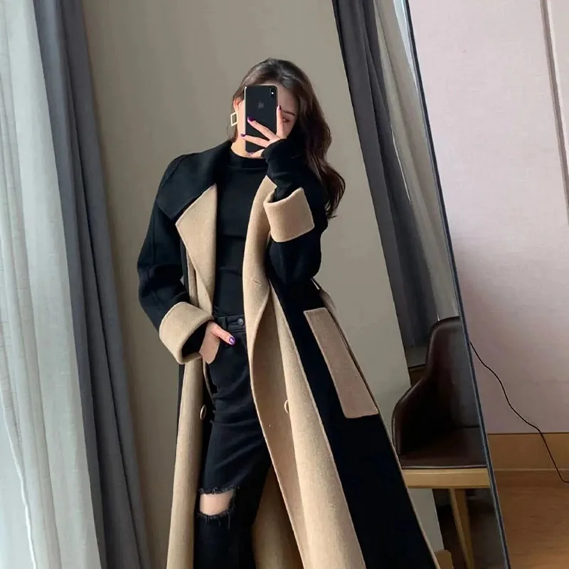 Oversize 7XL Luxury Wool Blend Coat Design Patchwork Long Winter Overcoat Women High Street Belt Abrigo Loose Thick Warm Jacket