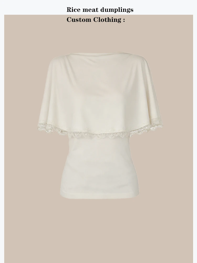 

Salt Series Lace Trim Hoodie T-Shirt Women's Post-Tie Layered Sensation Summer Top Casual Style Ruffle Hem round Neck Short S...