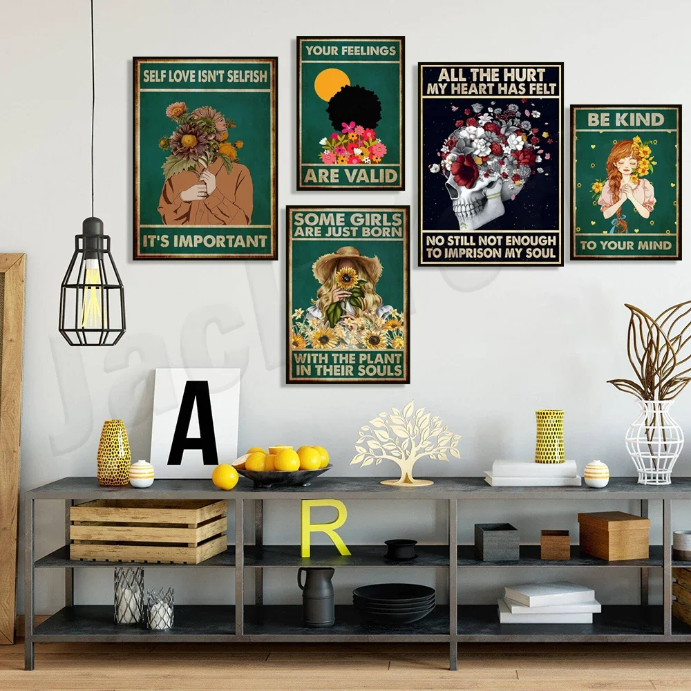 فن جمجمة رأس الوعاء العتيق، الوعي بالصحة العقلية، مشاعرك صالحة ملصقًا، كن لطيفًا في عقلك، أحب نفسك