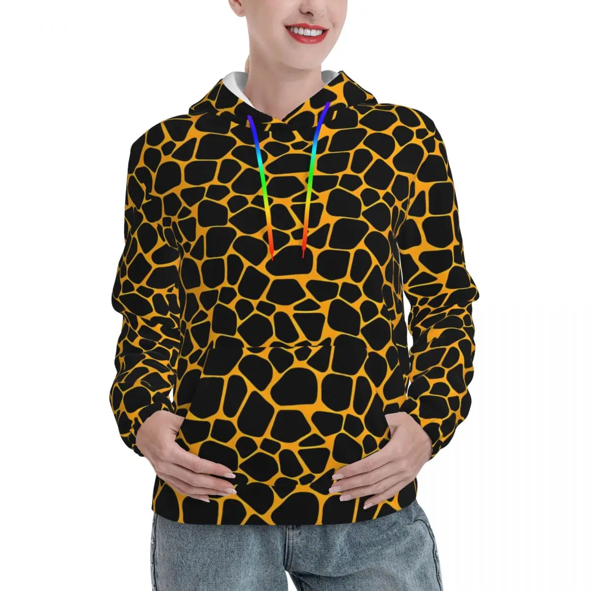 Neon Giraffe Print Streetwear Hoodies Winter Casual Hooded Shirt Ladies Kawaii Pattern Oversized Pullover Hoodie