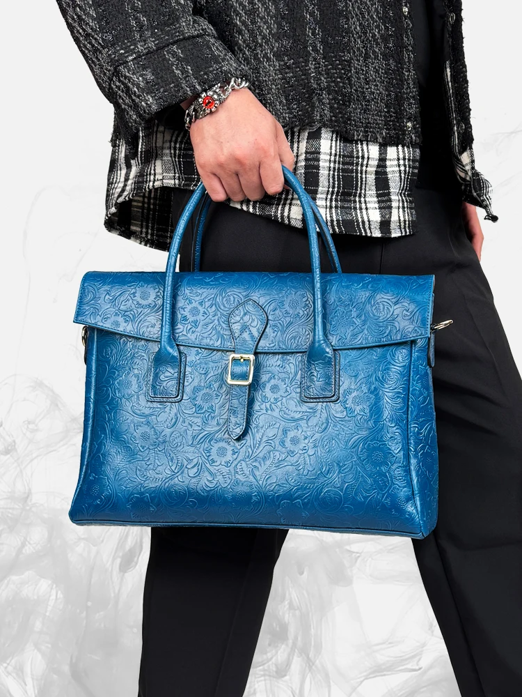 Original Design Cowhide Leather Briefcase Commuter Men's Handbag Handmade Genuine Leather Official Document Bag Computer Bag