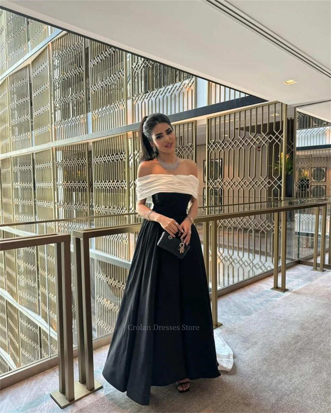 

Elegant Off the Shoulder A-line Evening Dresses Boat-neck Sleeveless Backless Ankle-Length Panel Train Prom Cocktail Dress New