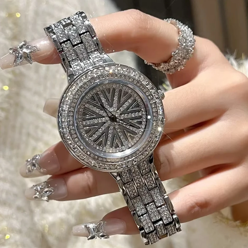 

Fashion AAA Design Personalized Unique Watch Woman Full diamonds Bracelet Style Ladies Rotating dial Women Watch Gfit AAA Clock