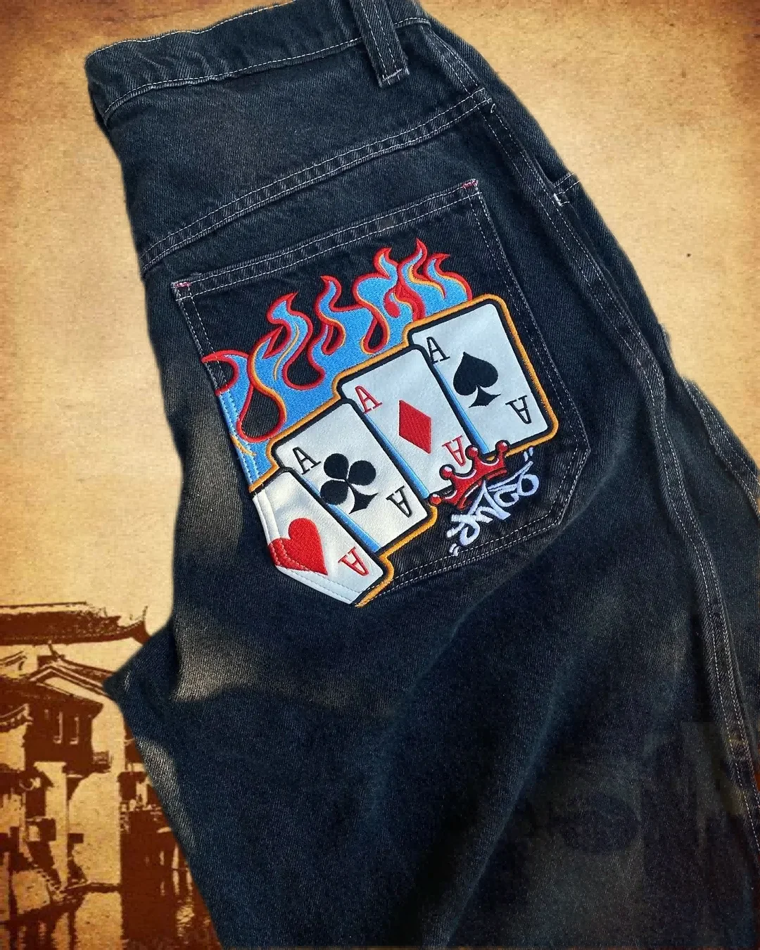 Jnco jins pola kartu bermain pria dan wanita, pakaian jalan orisinil Hip Hop longgar kasual Amerika Y2k Jnco 2024