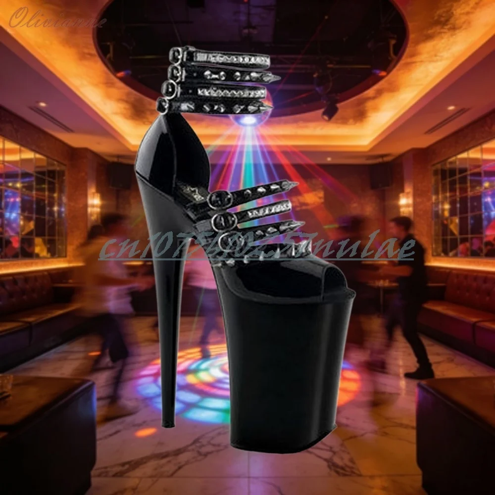Sexy Metal Round Rivets Decor Sandals Dance Heels Patrty Shiny Pu Stiletto High Pole Dance Performance Stage Sexy Women Shoes