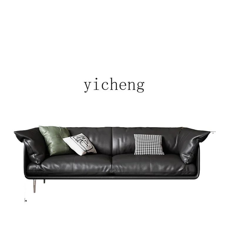 Leather Sofa Small Apartment Living Room Italian Minimalist Black Three-Person Combination Down Sofa HomeA12