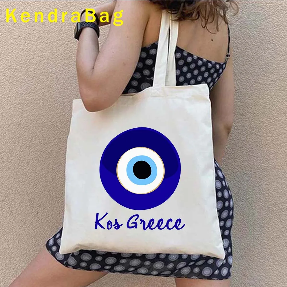 Love Heart Santorini Island Grecia Canvas Cotton Totes Bag Greco Evil Eye Hamsa Hand White Paradise Travel Gift Shopper Borse