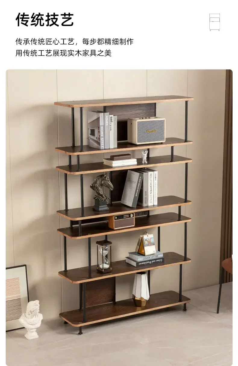 

z1Oak Nordic Log Open Irregular Iron Multi-Layer Bookshelf Storage Rack Retro Distressed