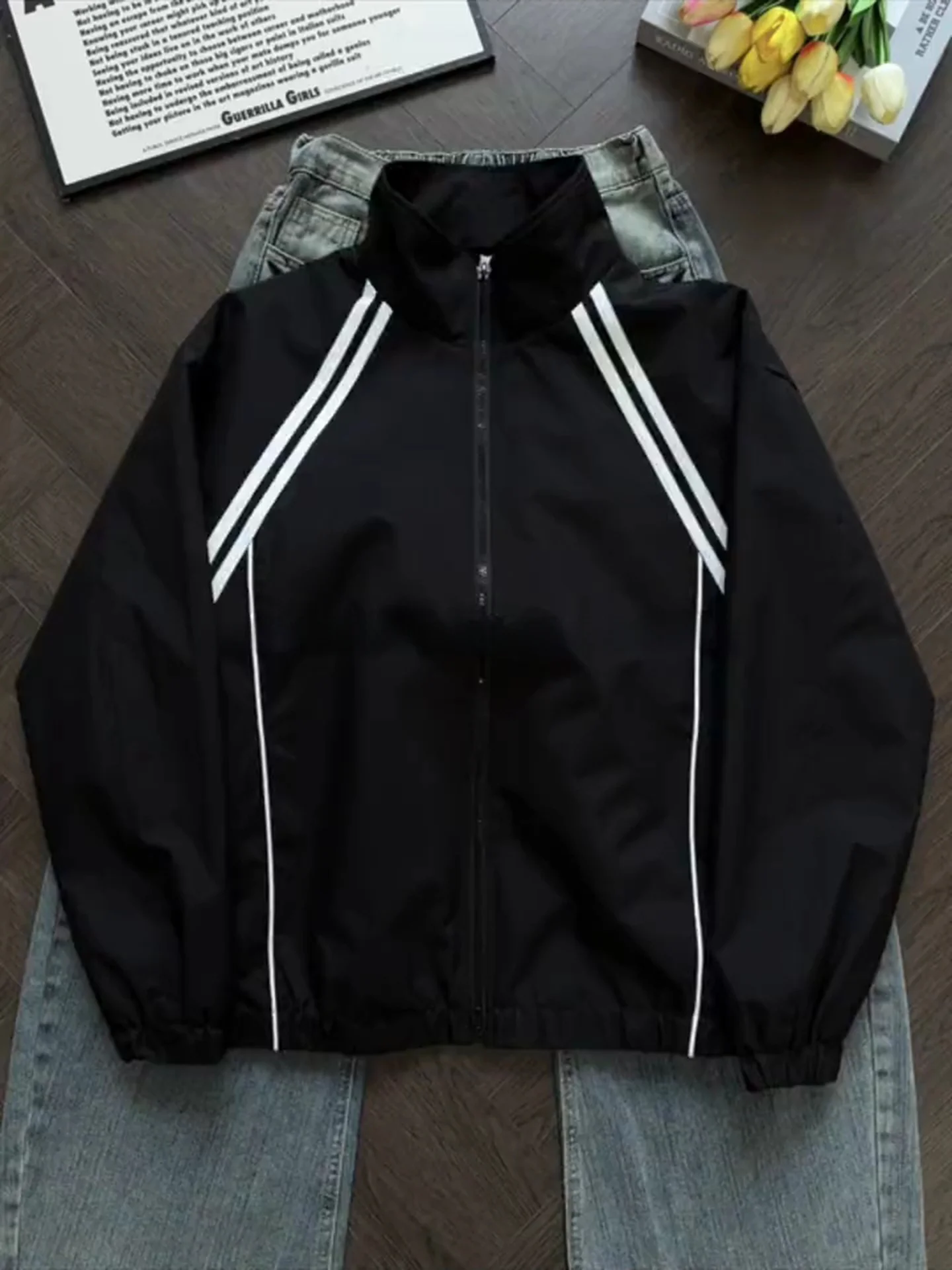 American Stripe Splicing Flight Jacket Men's Autumn Cleanfit Stand Collar Three-proof Sports Coat Short Baseball Uniform