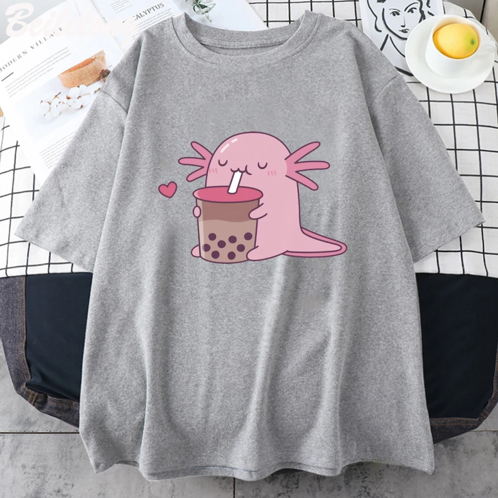 Cute Salamander Newt Bobo Milk Tea T Shirt Womes Tops Cute Printed 100% Cotton O-neck Summer Causal Tshirt Harajuku Tees Cartoon